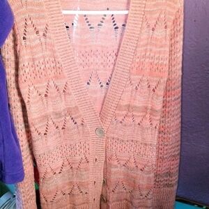 Takeout Peach Open-Knit V-Neck Button Cardigan